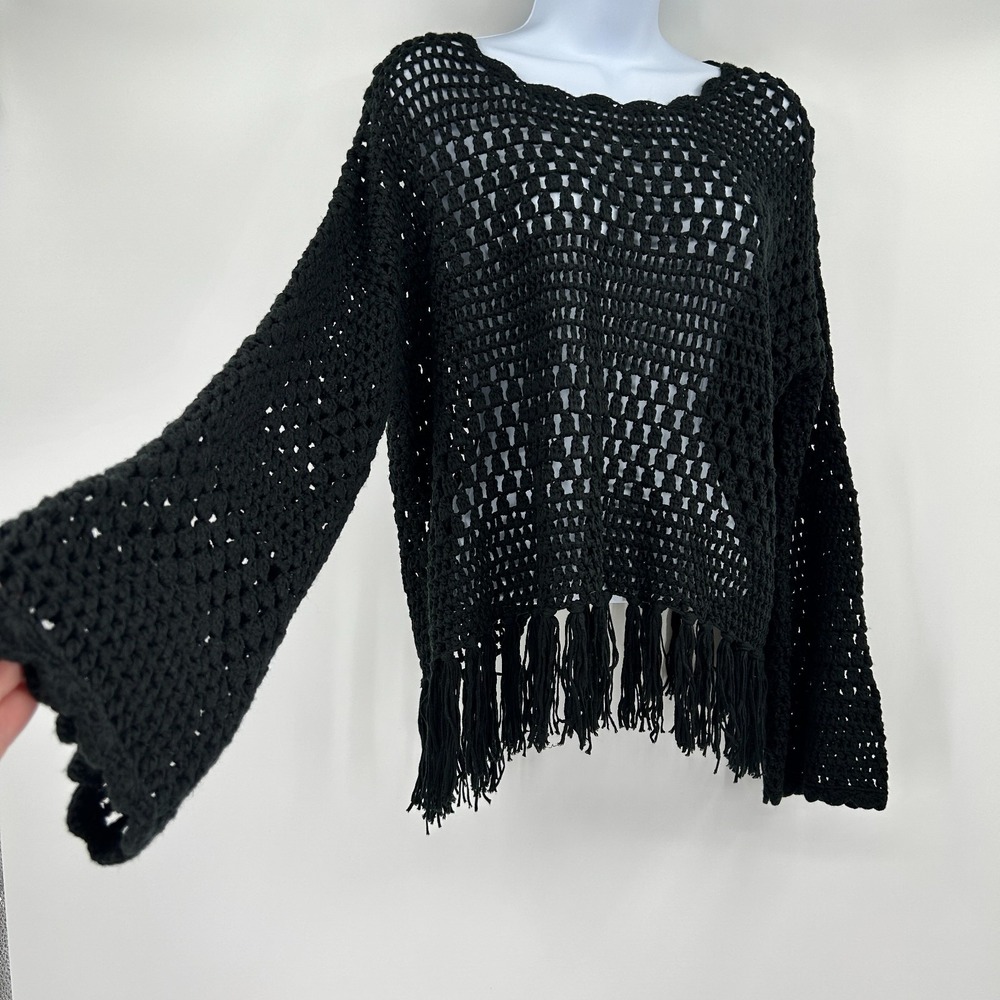 Dark Boho Western Open Knit Crochet Top XS Fringe Festival Cottage Oversized
